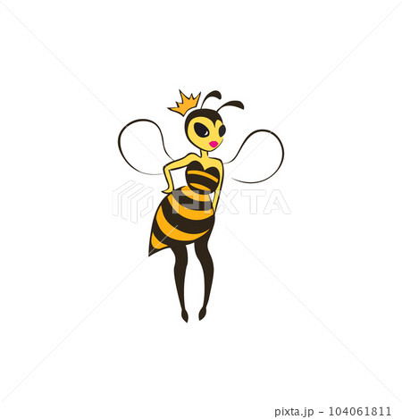 Young bee in a trendy striped dress and crow. A beautiful wasp princess with wings stands resting her hand on her side.Teenager girl with pink lips and big black eyes. Isolated vector black and yellow 104061811