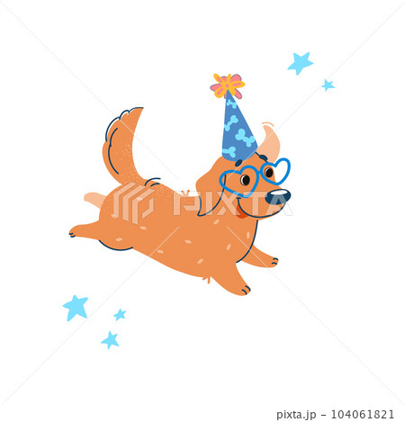 Funny labrador is running. Cute puppy in a festive cap and glasses in the form of hearts. Retriever in cartoon style. Vector illustration about doggy at a party isolated on white. 104061821