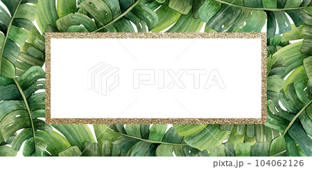 Watercolor tropical leaves horizontal banner template with gold frame isolated on white background. Jungle monstera and palm tree design for cards, wedding party invitations, vertical boxes Watercolor tropical leaves horizontal banner template with gold frame isolated on white background. Jungle monstera and palm tree design for cards, wedding party invitations, vertical boxes 104062126