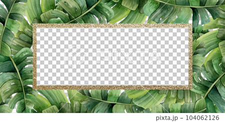 Watercolor tropical leaves horizontal banner template with gold frame isolated on white background. Jungle monstera and palm tree design for cards, wedding party invitations, vertical boxes Watercolor tropical leaves horizontal banner template with gold frame isolated on white background. Jungle monstera and palm tree design for cards, wedding party invitations, vertical boxes 104062126