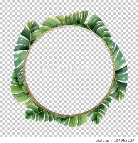 Green tropical palm leaves gold round frame wreath watercolor illustration isolated on white background for labels, thank you stickers, sale coupons or summer wedding invitation 104062134