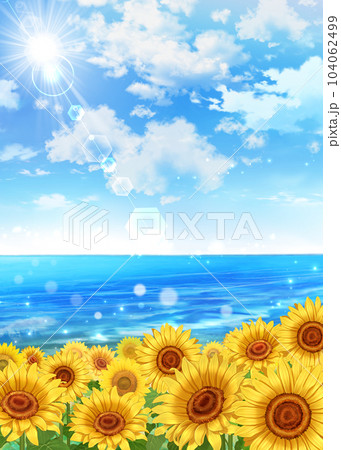 ひまわり畑と海と太陽が輝く青空 ひまわり畑と海と太陽が輝く青空 104062499
