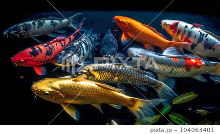 Top view of colorful school koi fishes in clear water. AI generative 104063401