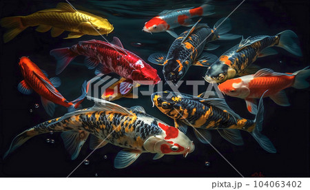Top view of colorful school koi fishes in clear water. AI generative and fish concept 104063402