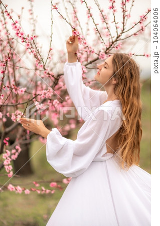 Woman peach blossom. Happy curly woman in white dress walking in the garden of blossoming peach trees in spring 104064006