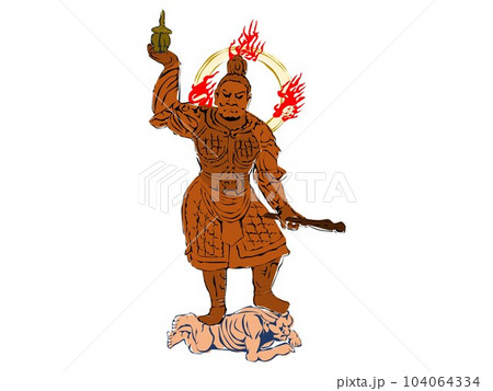 多聞天:四天王の一角_北の守護神_別名は毘沙門天。仏の教えを多く聞く。甲冑の武将姿で邪鬼の上に立つ 多聞天:四天王の一角_北の守護神_別名は毘沙門天。仏の教えを多く聞く。甲冑の武将姿で邪鬼の上に立つ 104064334