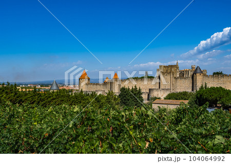 Spectacular Ancient Fortress Of Medieval City Carcassonne And Vineyards In Occitania, France Spectacular Ancient Fortress Of Medieval City Carcassonne And Vineyards In Occitania, France 104064992