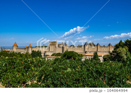Spectacular Ancient Fortress Of Medieval City Carcassonne And Vineyards In Occitania, France 104064994