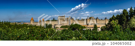 Spectacular Ancient Fortress Of Medieval City Carcassonne And Vineyards In Occitania, France 104065002