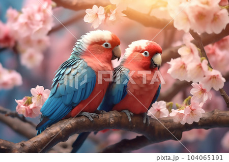 Two large red blue parrots sit on a branch of sakura blossoms. Generative AI 104065191