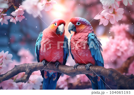 Two large blue pink parrots sit on a branch of sakura blossoms. Generative AI 104065193