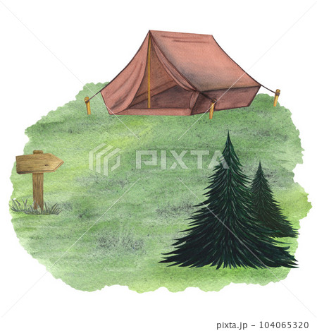 Wooden shields, arrows. Fir tree, spruce. Glade, field, Tarp canvas tent. Watercolor illustration  104065320