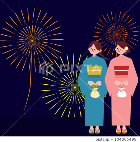 花火を見る女性たちのイラスト 104065499
