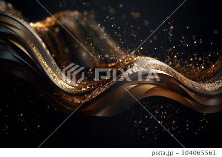 Abstract luxury shiny golden wave design element on black background. The golden color of a transparent smoky wave 104065561