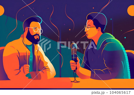 Illustration of two men talking on live streaming. Concept of the podcast in the studio. People in headphones on, interview, broadcast, recording audio, online show 104065617