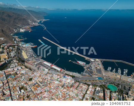 blue water of port, pier and harbor of Tenerife capital Santa Cruz, Canary blue water of port, pier and harbor of Tenerife capital Santa Cruz, Canary 104065752