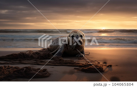 A Grey Seal stranded at a Beach, tragically caught in a section of fishing net surrounded with plastic pollution, an upsetting sad nature wildlife wordwide problem 104065804