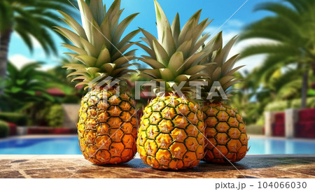 Pineapples on the background of the sea, vacation and vacation concept, beautiful sunny day 104066030