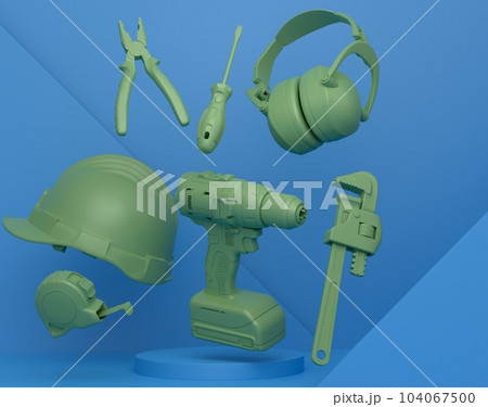 Abstract scene or podium with carpenters tools on monochrome background Abstract scene or podium with carpenters tools on monochrome background 104067500