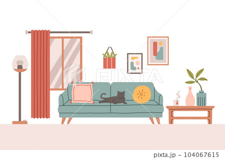 Living room modern interior set. Vector flat style collection of furniture for house isolated on white background. Living room modern interior set. Vector flat style collection of furniture for house isolated on white background. 104067615