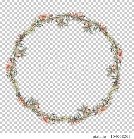 Fall wreath, for cards, backgrounds. Watercolor illustration for scrapbooking. Cartoon hand drawn background with flower for kids design. Perfect for wedding invitation. 104068262