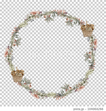 Fall wreath, for cards, backgrounds. Watercolor illustration for scrapbooking. Cartoon hand drawn background with flower for kids design. Perfect for wedding invitation. 104068266