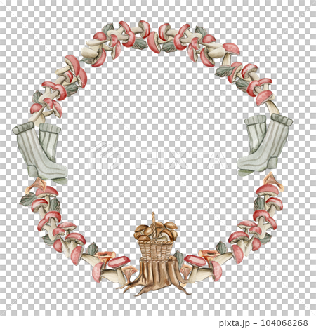 Fall wreath, for cards, backgrounds. Watercolor illustration for scrapbooking. Cartoon hand drawn background with flower for kids design. Perfect for wedding invitation. 104068268