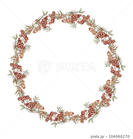 Fall wreath, for cards, backgrounds. Watercolor illustration for scrapbooking. Cartoon hand drawn background with flower for kids design. Perfect for wedding invitation. 104068270