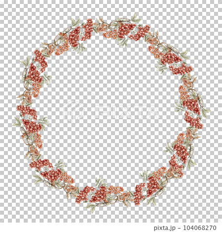 Fall wreath, for cards, backgrounds. Watercolor illustration for scrapbooking. Cartoon hand drawn background with flower for kids design. Perfect for wedding invitation. 104068270