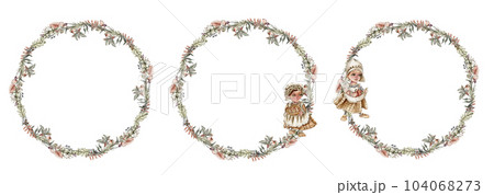 Fall wreath, for cards, backgrounds. Watercolor illustration for scrapbooking. Cartoon hand drawn background with flower for kids design. Perfect for wedding invitation. Fall wreath, for cards, backgrounds. Watercolor illustration for scrapbooking. Cartoon hand drawn background with flower for kids design. Perfect for wedding invitation. 104068273
