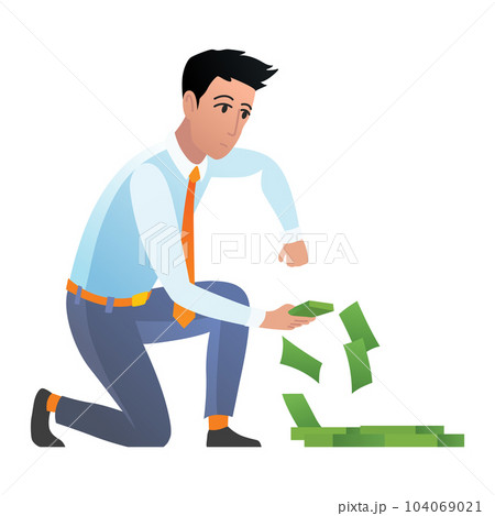 Man keep money under bed mattress. Male character poor financial literacy, cash saving, cartoon vector illustration isolated on white. Dollar stash in bad place, person get cash Man keep money under bed mattress. Male character poor financial literacy, cash saving, cartoon vector illustration isolated on white. Dollar stash in bad place, person get cash 104069021