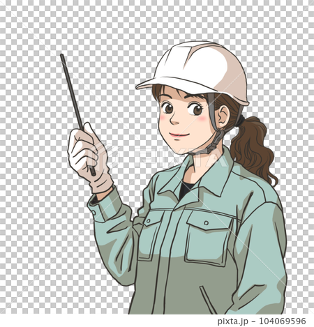A woman in work clothes giving a commentary 104069596