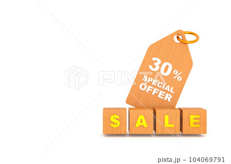 3D Rendering. Price wooden tag with 30 percent discount and free space for texting on white background. Special Offer 30% Discount Tag. Super sale offer and best seller. 3D Rendering. Price wooden tag with 30 percent discount and free space for texting on white background. Special Offer 30% Discount Tag. Super sale offer and best seller. 104069791