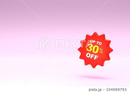 3D Rendering. 30 percent discount icon and free space for texting on pastel pink background. Special Offer 30% Discount Tag. Super sale offer and best seller. 104069793