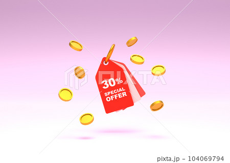 3D Rendering. Price tag with 30 percent discount and surrounded with coins on pastel pink background. Special Offer 30% Discount Tag. Super sale offer and best seller. 3D Rendering. Price tag with 30 percent discount and surrounded with coins on pastel pink background. Special Offer 30% Discount Tag. Super sale offer and best seller. 104069794