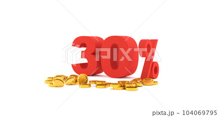 3D Rendering. 30 percent off with gold coin and white background. Special Offer 30% Discount Tag. Super sale offer. 104069795