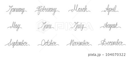 Month name continues single line set. Vector handwritten signs pack isolated on white background for print calendar, planner, diary. Editable stroke. EPS10 104070322