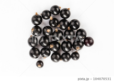 Ripe blackcurrant berries are scattered, isolated on a white background. 104070531