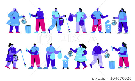 Set of men and women or ecologists picking up, collecting, sorting and disposing garbage. Environment protection, waste recycling and disposal, eco volunteering. Modern flat blue vector illustration. 104070620