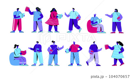 Set of men and women reading books. Collection of young people studying and talking to each other. Bundle of students with textbooks isolated on white background. Flat cartoon vector illustration. Set of men and women reading books. Collection of young people studying and talking to each other. Bundle of students with textbooks isolated on white background. Flat cartoon vector illustration. 104070657