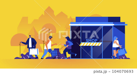 Funny men and women with shopping bags and carts outside of store, mall or supermarket building. Customers or buyers with purchased goods on city street. Modern flat cartoon vector illustration. 104070693