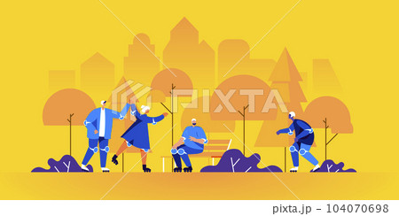Funny men and women roller skating in park. People on roller skates performing recreational outdoor activity or sports exercise. Roller skaters on city street. Flat cartoon vector illustration. 104070698