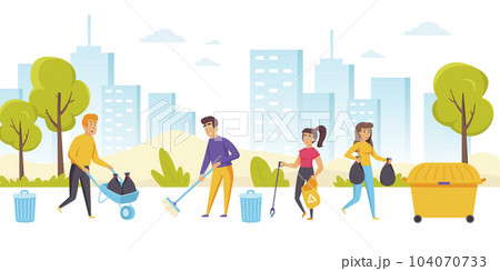 Happy men and women cleaning up city street. Group of young ecologists, volunteers or eco activists picking up and disposing garbage in park. Community service work. Flat cartoon vector illustration. 104070733