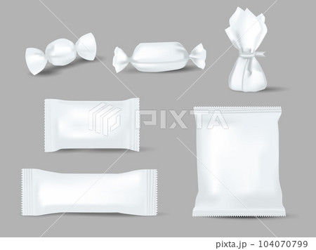 Realistic mockups of candy wrappers on grey background. Sweet, biscuit, wafer, cracker, and chocolate bar, candy bar or snacks package set ready for branding. White sweetmeat pack vector illustration. 104070799