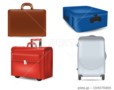 Realistic travel suitcases mockups set. Brown leather briefcase, wheeled red suitcase, white plastic travel bag and blue handbag with lock on white background. Luggage templates vector illustration. 104070800