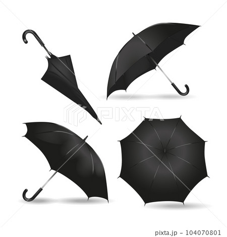 Realistic black rain umbrella mockups set. Opened and closed classic round umbrellas from different angles on white background. Black parasol blank templates with shadow vector illustration. 104070801