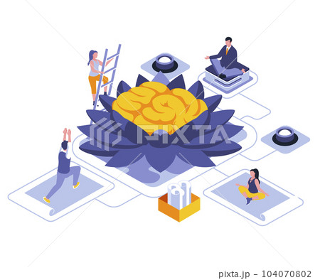 Meditation for mind landing page vector template. Calming techniques, stress relief website header UI layout with isometric illustration. Yoga workout, self-care web banner isometry concept 104070802