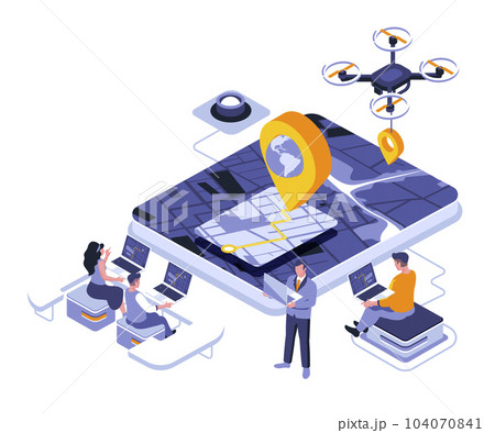 GPS navigation landing page vector template. City map with pointer website header UI layout with isometric illustration. Tracking path, finding location web banner isometry concept GPS navigation landing page vector template. City map with pointer website header UI layout with isometric illustration. Tracking path, finding location web banner isometry concept 104070841