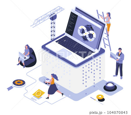 Web development landing page vector template. Program usability and performance website header UI layout with isometric illustration. Fullstack app engineering, devops web banner isometry concept 104070843