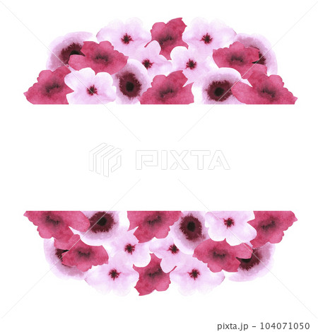 Hand drawn burgundy watercolor abstract poppy flowers frame boarder isolated on white. Can be used for post cards, invitation, banner. 104071050